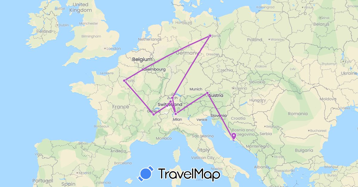 TravelMap itinerary: driving, train in Austria, Switzerland, Germany, France, Croatia (Europe)